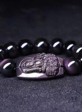 彩虹眼黑曜石文殊菩萨属兔手链