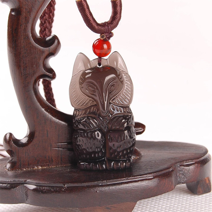 天然冰种黑曜石狐狸吊坠 黑曜石狐狸挂坠 黑曜石灵狐项坠