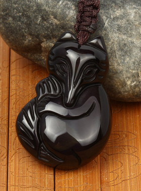 黑曜石貔貅彩虹眼灵狐水晶吊坠