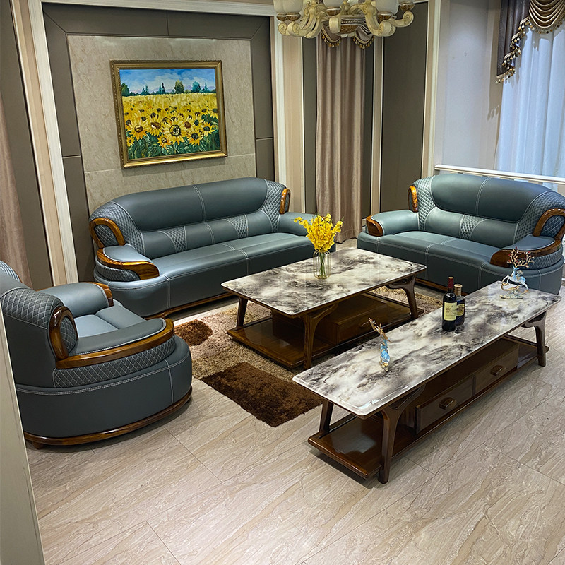 新中式实木沙发古典雕刻轻奢别墅客厅大小户型头层真皮乌金木组合