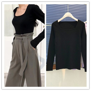弹力显瘦针织衫 复古赫本风方领修身 上衣女 新款 2019春季