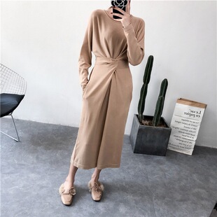 长款 ADA 修身 新款 气质长裙 MISS收腰针织卡其色连衣裙女2025春秋装