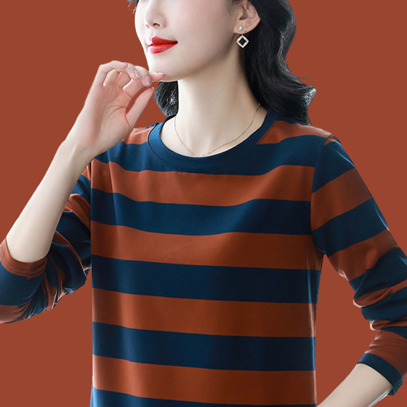 秋装纯棉条纹长袖t恤女2025新款大码宽松遮肚打底衫妈妈气质上衣