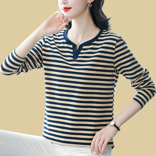 新款 洋气小衫 纯棉长袖 条纹中年妈妈打底衫 t恤女上衣宽松大码 秋季
