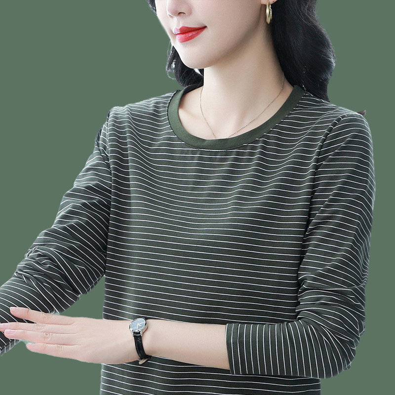 2025春秋新款宽松纯棉秋衣长袖打底衫女t恤条纹上衣中年妈妈内搭