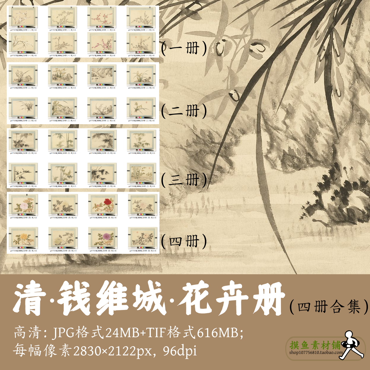 清钱维城花卉册(四册合集)国画兰花梅花竹子牡丹图谱素材gd17526