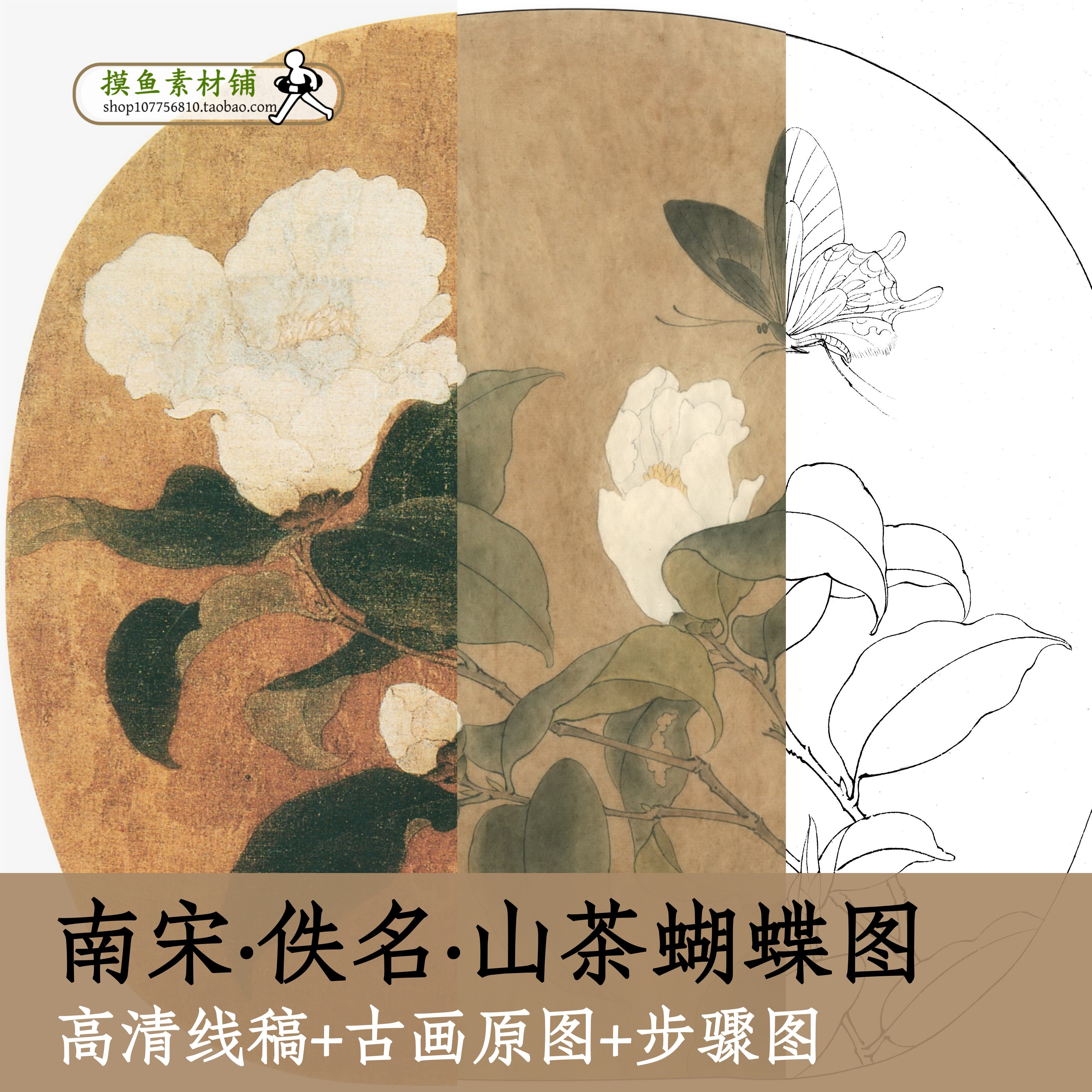 山茶蝴蝶图高清宋画白描线稿电子版+彩图+临摹步骤图学画画x151