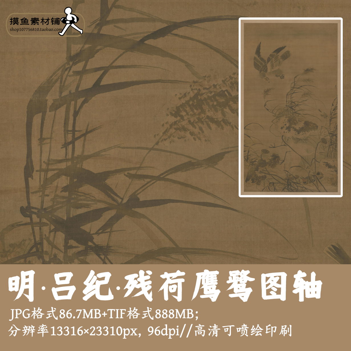 明代吕纪残荷鹰鹭图轴/电子彩图古画原图装饰挂画芯素材G17050