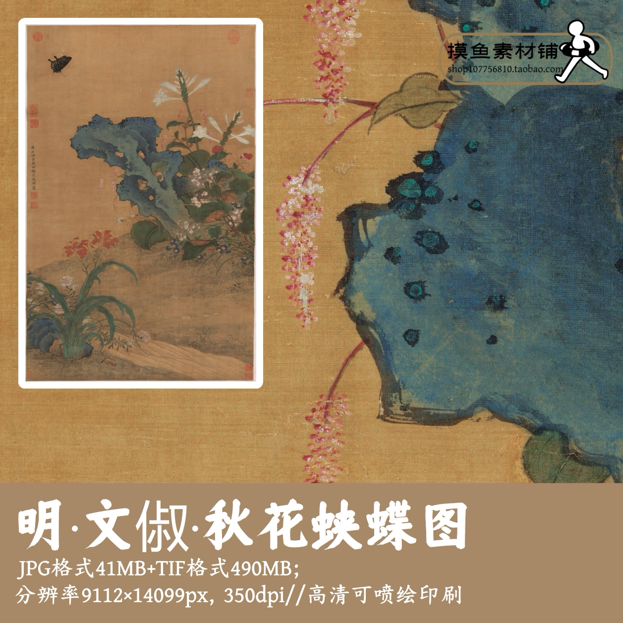 明文俶/秋花蛱蝶图/中国画工笔花鸟太湖石电子版素材可印刷G1782