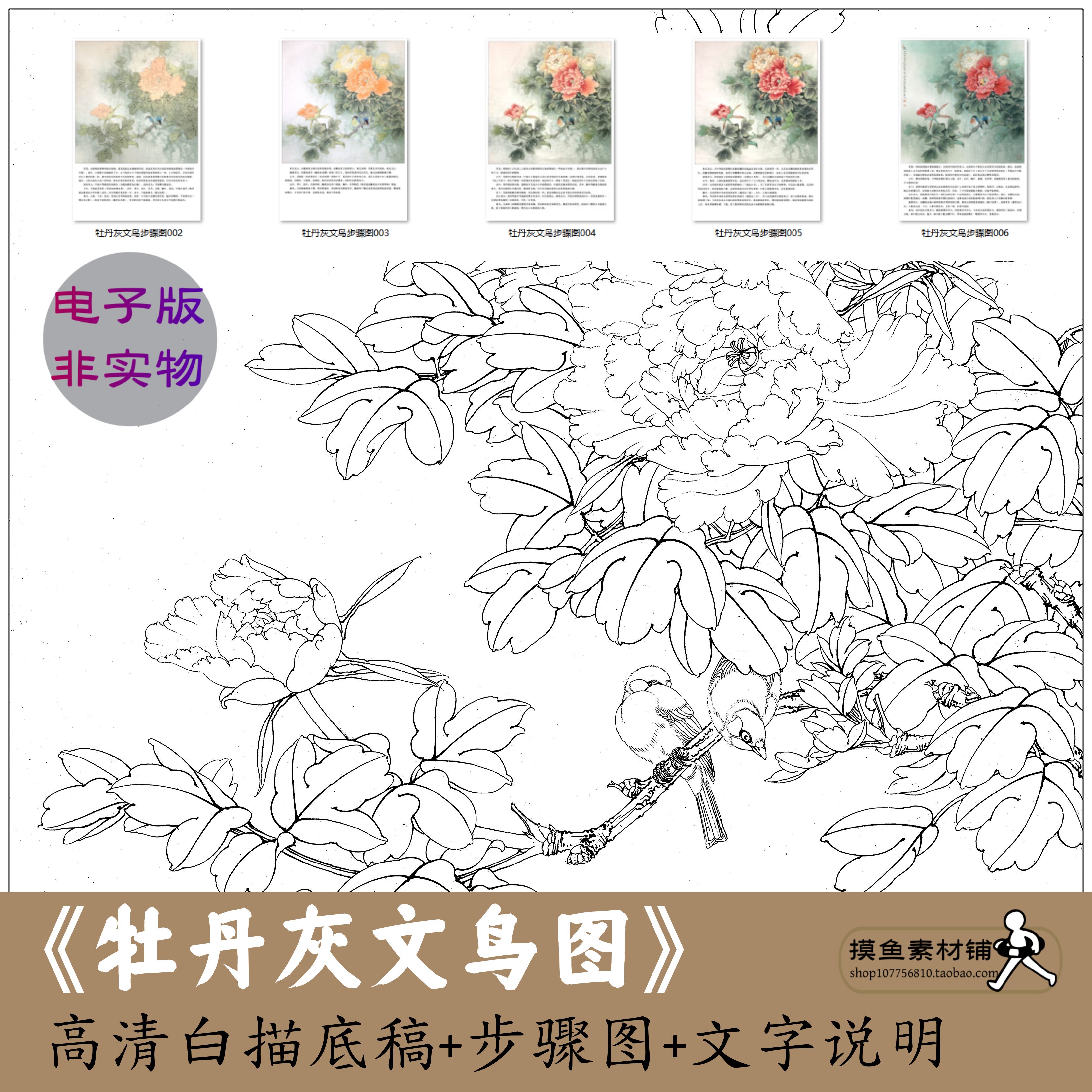 工笔牡丹文鸟图白描底稿 国画花鸟临摹勾线初学者 带步骤图x234