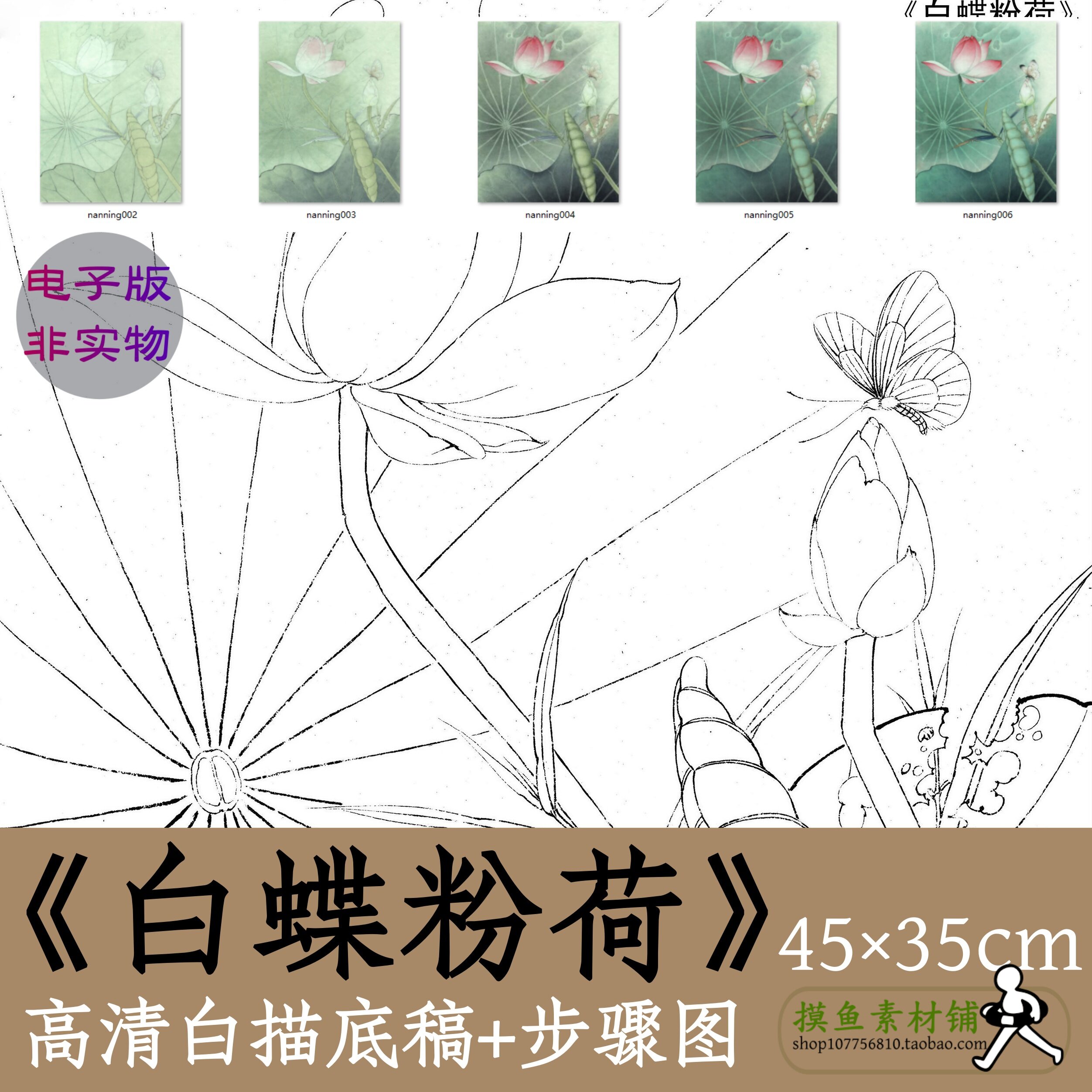 工笔荷花白描电子图片x005《白蝶粉荷