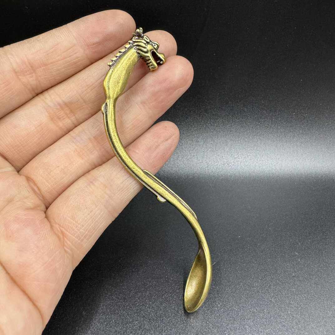 古玩黄铜长柄小铜勺雕花龙头勺子圆形调羹勺茶匙茶铜药勺茶道茶具