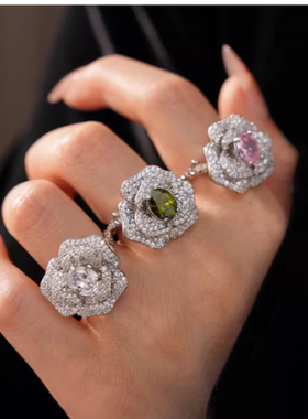 达令 bling超闪花朵椭圆开口戒指 高级感食指戒 女士精致百搭手饰