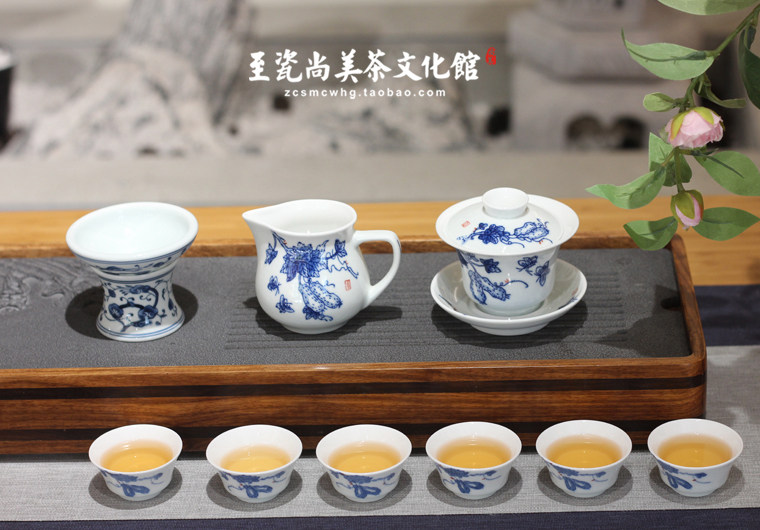 贵和祥京德茶具青花瓜蝶盖碗组瓜蝶绵绵寓意长寿景德镇手绘茶具组