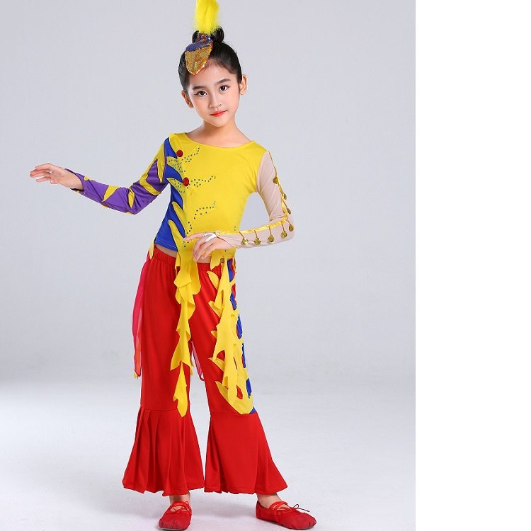 儿童傣族孔雀舞演出服女民族风金凤来仪舞蹈服小凤凰现代舞表演服