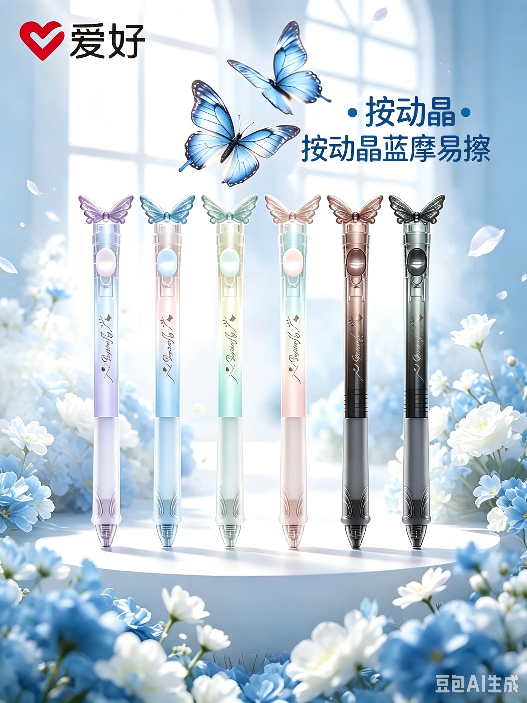 爱好2026秋季新品蝴蝶舞按动摩易擦中性笔0.5mm晶蓝学生用笔ST尖