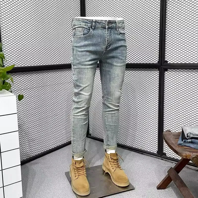 痞帅潮男浅色牛仔裤男九分裤