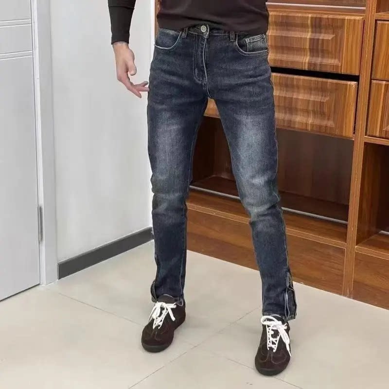 高端男士深蓝色新款牛仔裤时尚休闲裤个性韩版拉链百搭修身小脚