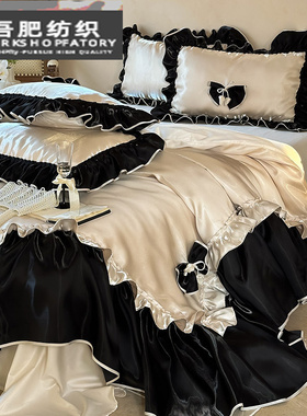 公主风复古全棉长绒棉四件套纯棉法式立体蝴蝶结被套黑白色床品