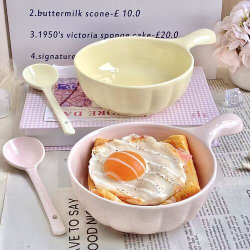 奶fufu奶油色餐具陶瓷手柄碗勺家用高温一人食奶油泡面泡饭菜盘子