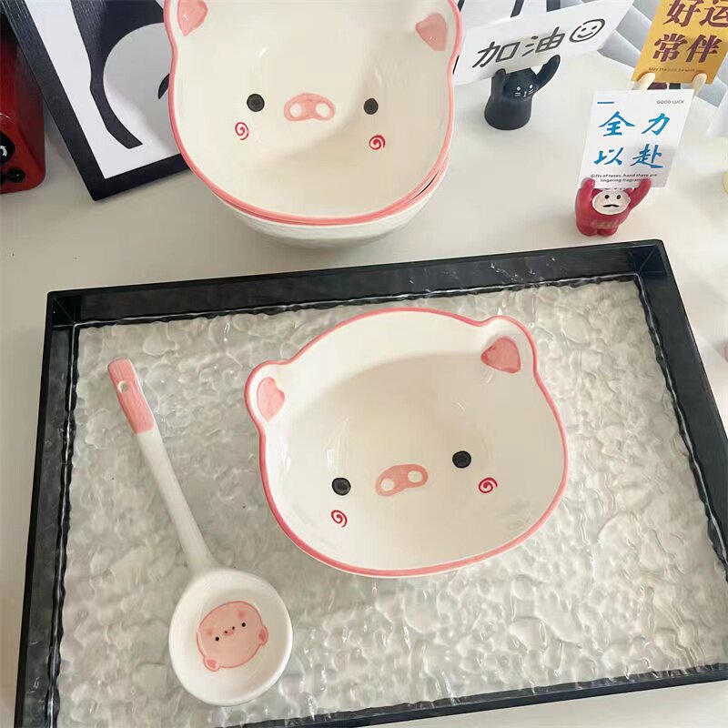 可爱少女心纯手绘猪猪陶瓷碗勺异形碗婴儿辅食碗甜品碗可爱米饭碗
