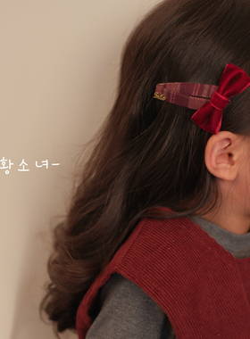 The H红色复古丝绒蝴蝶结发夹女童鸭嘴夹氛围感刘海夹