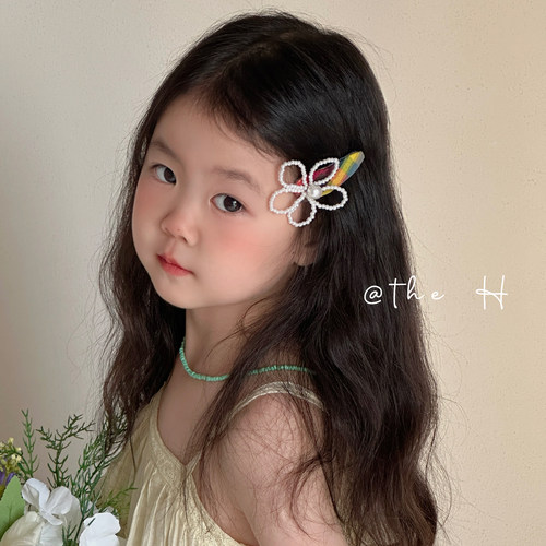 手工编织花朵珠珠刘海夹女童