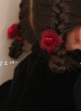 The H貂毛爱心发夹女可爱毛绒发饰红色心形夹子皮筋毛绒新年头饰