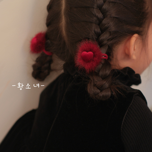 The H貂毛爱心发夹女可爱毛绒发饰红色心形夹子皮筋毛绒新年头饰