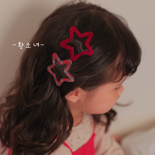 韩版酒红格纹撞色儿童五角星碎发夹秋冬百搭凹造型洋气女童发饰