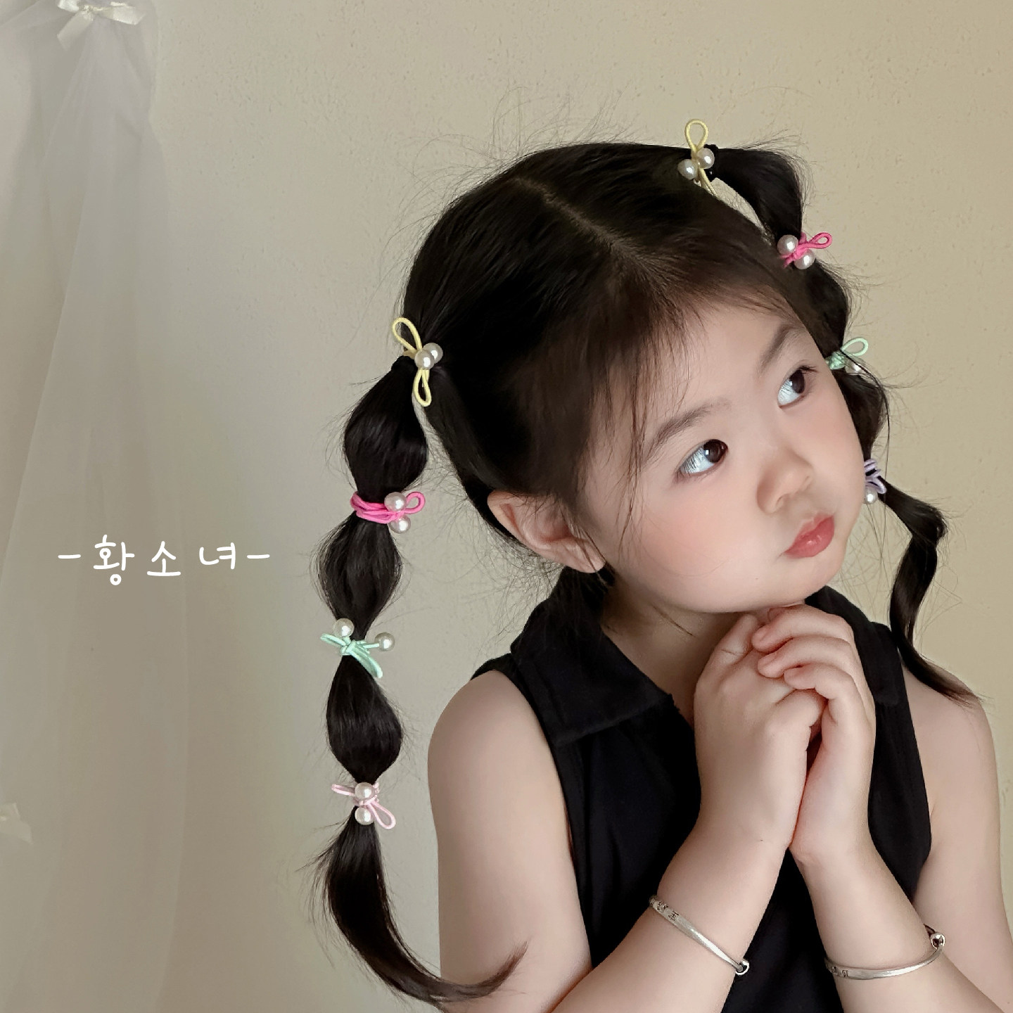 The H甜美珍珠蝴蝶结发圈女童韩版编发发圈彩色百搭春夏发饰套装