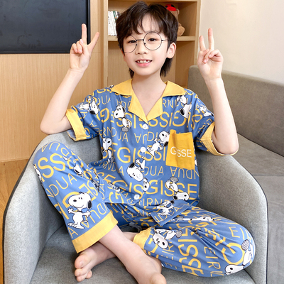 儿童睡衣男童纯棉短袖长裤夏季套