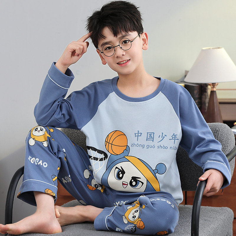 男童睡衣春秋季长袖纯棉薄款儿童小男孩蓝蛋仔大童家居服2025新款