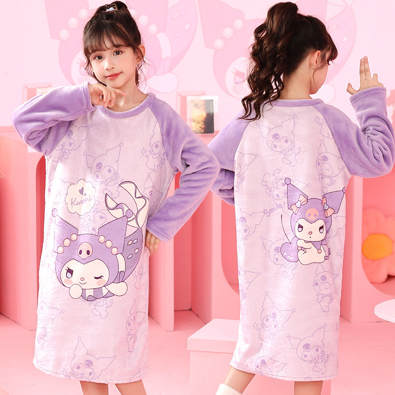 秋冬季法兰绒儿童睡裙女童2026新款珊瑚绒小女孩宝宝库洛米家居服