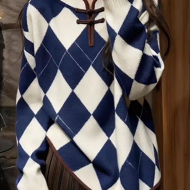 2025新款菱格纹针织衫女宽松POLO领通勤风毛衣设计感长袖休闲上衣