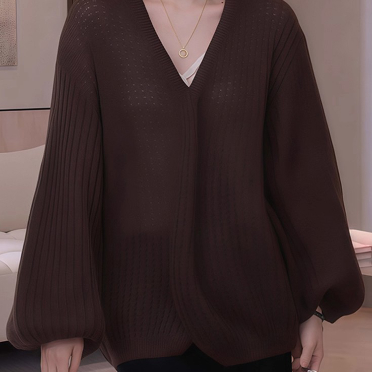 2025秋冬极简风V领宽松毛衣女中长款针织开衫慵懒氛围感长袖上衣