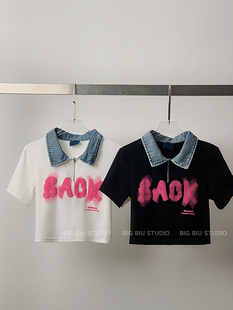 BIG BIU 夏季逃离地球美式复古短Polo领短袖潮流高街字母印花上衣