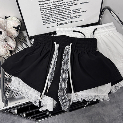 BIG BIU甜美减龄超A短裤女夏季新款蕾丝花边韩版休闲显瘦抽绳裤