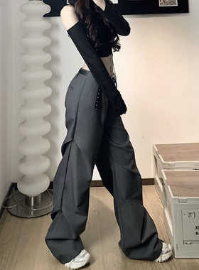 BIG BIU美式小众褶皱拖地微喇休闲裤高级感宽松直筒垂感黑色西裤