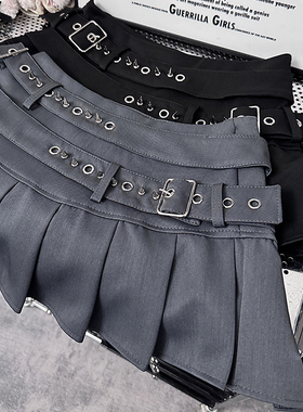 复古辣妹铆钉低腰A字半身裙女腰带拼接防走光裙裤朋克百褶短裙
