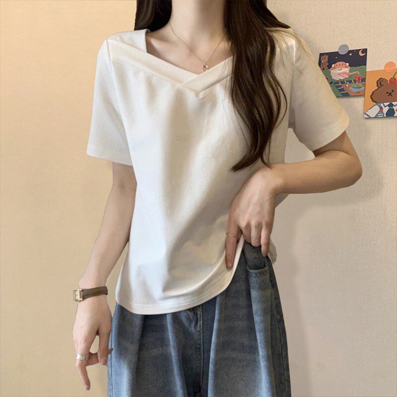 V领短袖t恤女夏季新款宽松显瘦纯色学生辣妹露锁骨上衣设计感