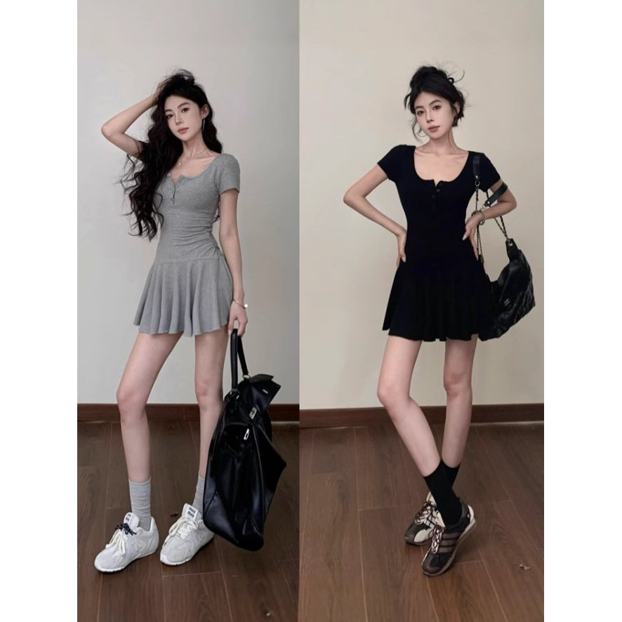纯欲性感insU领短袖连衣短裙女夏季运动褶皱收腰A字裙辣妹短裙女