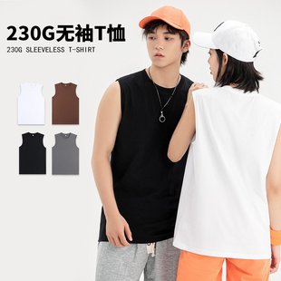 230g日系重磅纯棉夏季 春夏款 宽肩小领口纯色宽松男女背心T恤