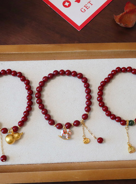 新中式国潮手饰品葫芦莲花马上有钱朱砂手链转运珠女款沙金手串