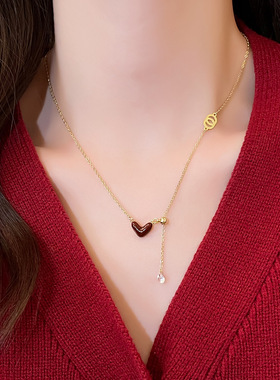 秋冬红色爱心单颗锆石毛衣链