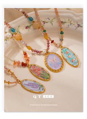 欧美复古精致手工滴油花朵钛钢吊坠感天然石真珍珠串珠项链女