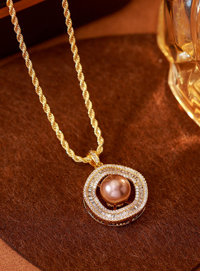 秋冬新款时尚香槟色珍珠吊坠项链