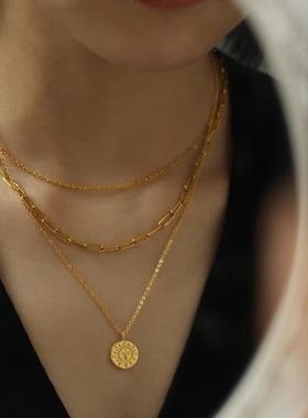 黄铜镀18K真金 网红潮流吊牌叠戴风双层链条质感项链简约叠戴颈