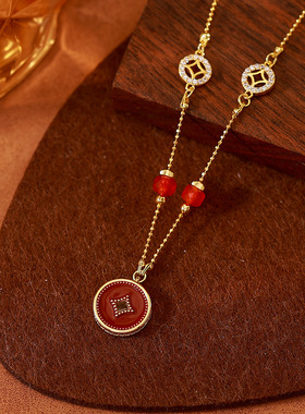新中式珐琅锁骨链复古钱币吊坠