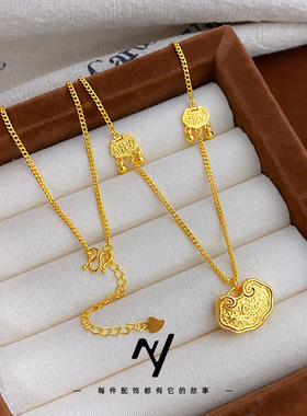 越南沙金国风女款项链 新中式双喜祥云锁骨链长命锁套链货源